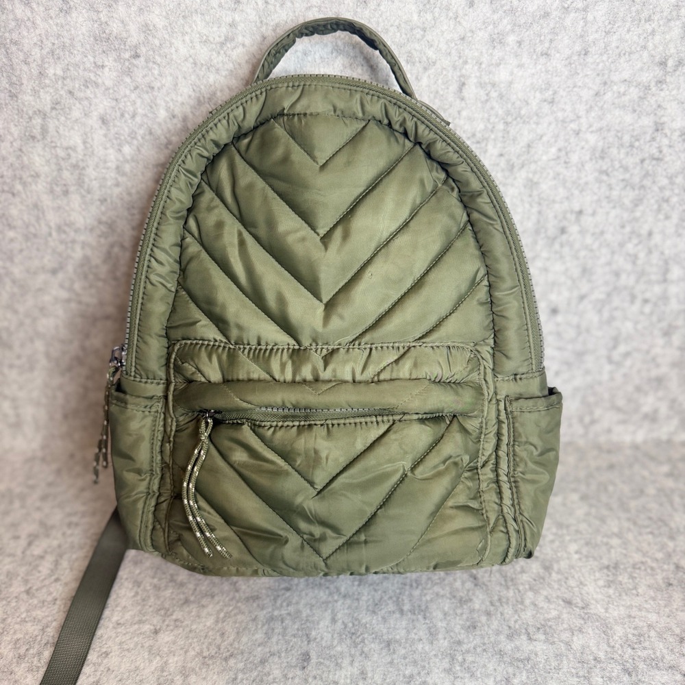 Isaac Mizrahi Quilted Puffer Backpack Women OS Olive Green Chevron Padded *READ